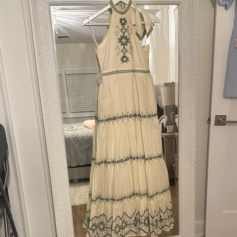 Chic Cream and Green Embroidered Maxi Dress